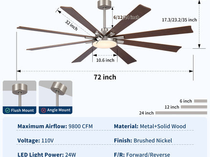 Large Ceiling Fan With Dimmable LED Light 8 Blades Remote Control, Reversible DC Motor