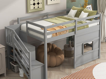 Loft Bed With Storage Staircase, Window & LED Light