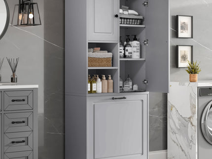 Modern Tall Storage Cabinet With Adjustable Shelves, Flip-Out Basket & Enclosed Doors
