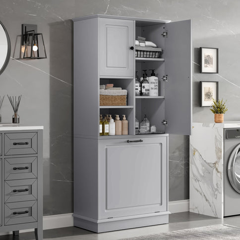 Modern Tall Storage Cabinet With Adjustable Shelves, Flip-Out Basket & Enclosed Doors