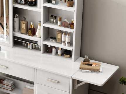 Fashion Vanity Desk With Mirror And Lights For Makeup, 5 Drawers, Adjustable Lighting - White