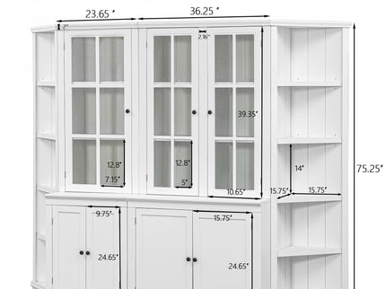 Retro Style Wall Suit With Glass Doors, 75.25" Tall Display Cabinets & Triangle Sided Bookshelves - White