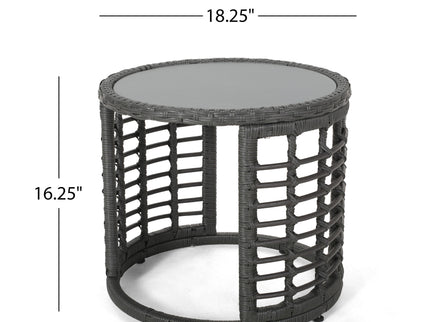 Achill - Outdoor Modern Boho Wicker Side Table With Glass Top - Gray