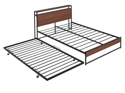 Platform Bed Frame With Trundle, USB Ports And Slat Support, No Box Spring Needed
