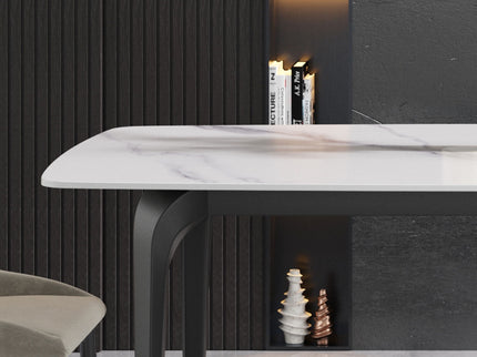 70.87" Modern Artificial Stone Curved Black Metal Leg Dining Table, Can Accommodate 6-8 People - White / Black