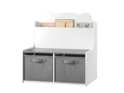 Bookshelf With Storage Bins, Bookcase With Book Display Shelf And 2 Bins, Cute Bear Shaped Backboard, Toy Organizer - White