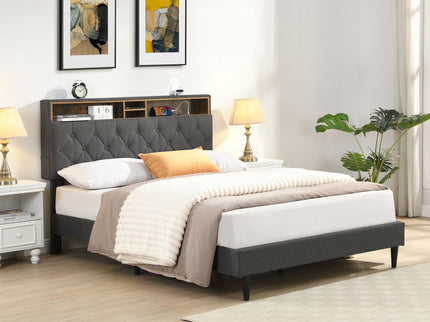 Modern Upholstered Platform Bed Frame With Button Tufted Headboard And USB Ports