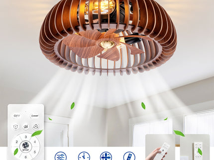 Semicircle Flush Mount Fan Light, (No Included Bulbs) And Remote Control, 6 Speeds, Quiet DC Motor For Living Room - Wood