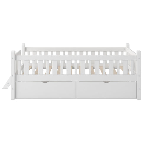 Platform Bed With Guardrail And 2 Drawers