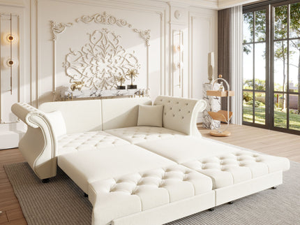 Oversized Chesterfield Pull Out Sofa Bed, Roll Arm Couch With Flower Tufting For Living Room