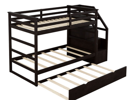 Twin Over Twin Bunk Bed With Twin Size Trundle And 3 Storage Stairs - Espresso