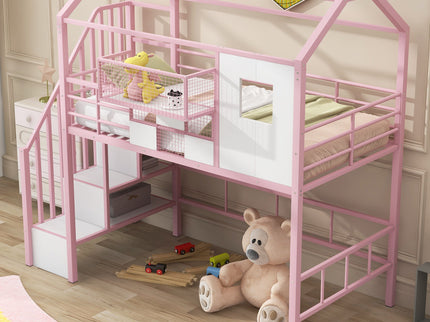Metal Loft Bed With Roof Design And Storage Box With Guardrails And Integrated Ladder