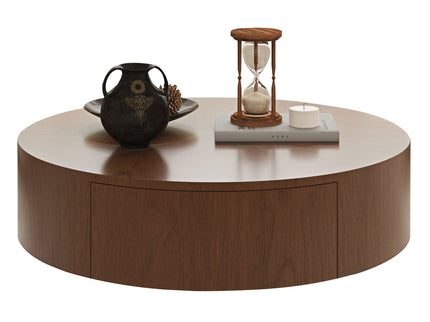 Drum Shaped Coffee Table With Hidden Storage Drawer, Low Profile For Living Room - Walnut