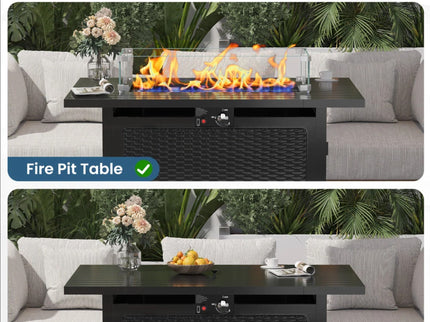 Outdoor 2 In 1 Propane Fire Pit Table With Lid & Glass Shield, Rectangular Fire Table, Lava Rock & Cover - Black