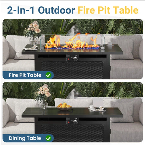 Outdoor 2 In 1 Propane Fire Pit Table With Lid & Glass Shield, Rectangular Fire Table, Lava Rock & Cover - Black