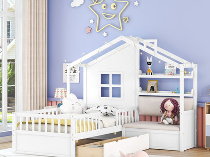 House Bed With Sofa, Kids Platform Bed With 2 Drawers And Storage Shelf
