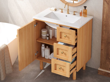 Bathroom Vanity With Sink, 3 Drawers, Soft Close Door - Natural Wood