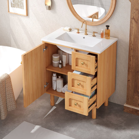 Bathroom Vanity With Sink, 3 Drawers, Soft Close Door - Natural Wood