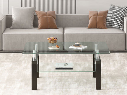 Tempered Clear Glass Coffee Table, 2-Layers Coffee Table Living Room Center Table - Black