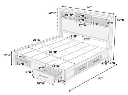 Transitional Bed With Smooth Gliding Drawers, Built In Lights, Open Headboard Shelves