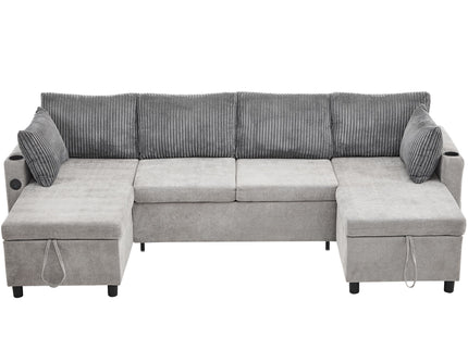 Sectional Sofa Bed With Pull Out Sleeper, USB Ports, Cup Holders