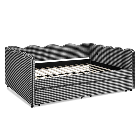 Gingham Daybed With USB Charging Port, Wave-Shaped Design