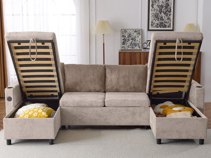 Sectional Sofa Bed With Pull Out Sleeper, USB Ports, Cup Holders