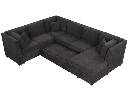 U-Shaped Sectional Sofa Pull Out Sofa Bed With Two USB Ports, Two Power Sockets, Three Back Pillows And A Storage Chaise For Living Room