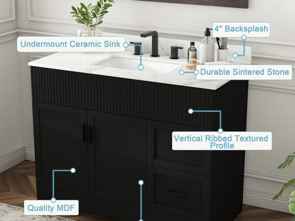 Bathroom Vanity Set, Fluted Cabinet, Soft Close Doors & Drawers, 3 Faucet Holes - Black
