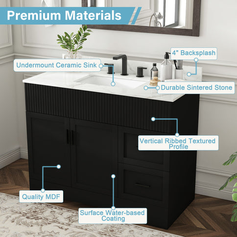 Bathroom Vanity Set, Fluted Cabinet, Soft Close Doors & Drawers, 3 Faucet Holes - Black