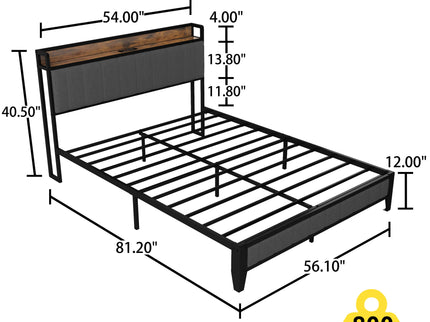 Bed With Charging Station, American Design Upholstered Headboard, Metal Platform