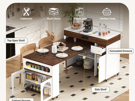 Extendable Dining Table With Folding Top, Rolling Kitchen Island With Drawers And Power Outlet