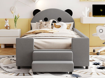 Upholstered Daybed With Bear Shaped Headboard, Hydraulic System And Breathable Fence