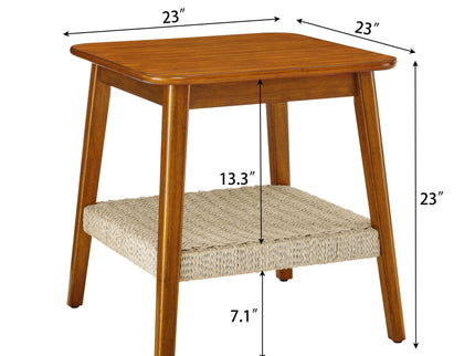 Mid - Century Square Side Table With Woven Shelf - Walnut