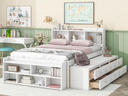 Bed With Bookcase Headboard, Under Bed Storage Drawers And Bed End Storage Case