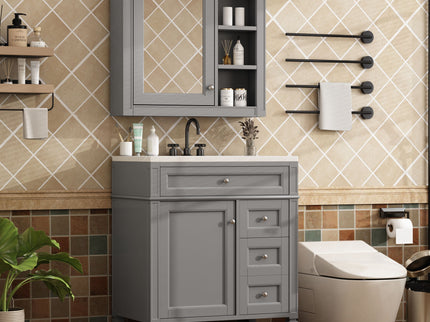Bathroom Vanity With Top Sink, Freestanding Storage Cabinet With 2 Doors And 3 Drawers, Mirror Cabinet Included - Gray