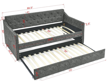 Twin Upholstered Daybed With Trundle, Waved Arms - Gray