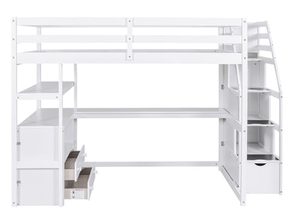 Loft Bed With Desk, Shelves, 2 Drawers, Storage Staircase