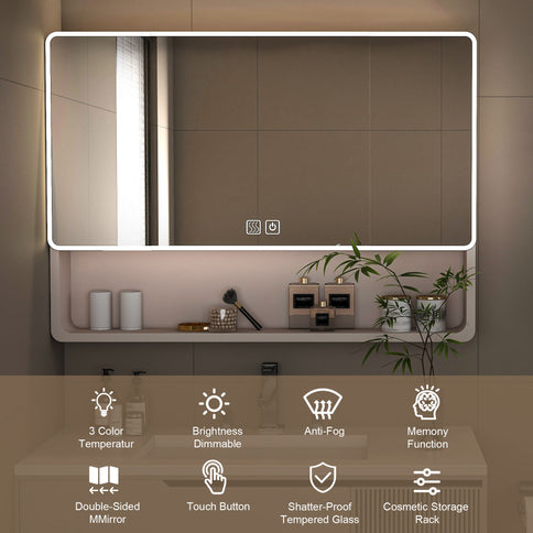 Aluminium Medicine Cabinet Mirror, With 3 Colors LED Light And Defogging Function - Khaki