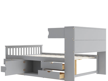 Captain Platform Bed Frame With Bookcase Headboard, 4 Drawers, Storage Shelves