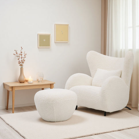 Wingback Armchair & Ottoman Combo For Living Room - White