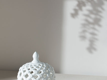 Ceramic Lidded Jar With Lattice Design - White