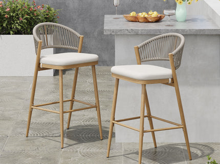 Outdoor Bar Height Metal Frame Counter Stools With Scallop Shaped Backrest & Water Resistant Cushions