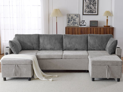 Sectional Sofa Bed With Pull Out Sleeper, USB Ports, Cup Holders