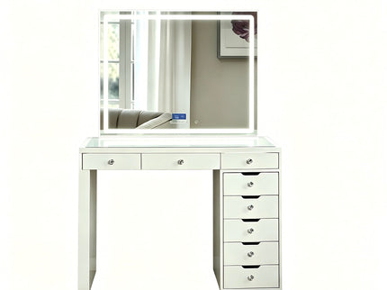 Makeup Vanity Desk With LED Lighted Mirror, 9 Drawers For Bedroom - Gloss White