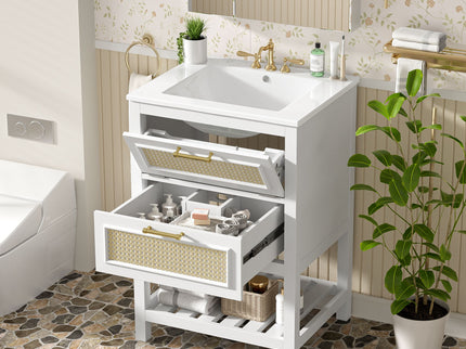 Modern Bathroom Vanity With Integrated Sink, Cabinet With 1 Deep Drawer And 1 Tip-Out Drawer