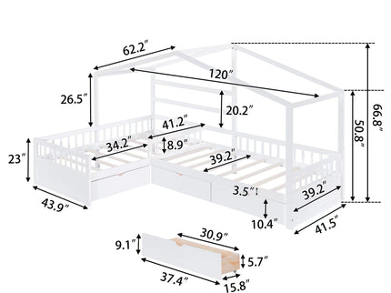 L Shape Platform Bed With 3 Storage Drawers