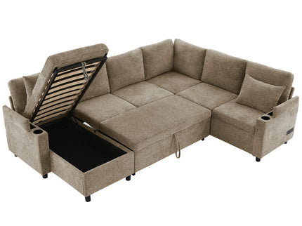 U-Shaped Sectional Sofa Bed With Storage, Charging Ports, And Cup Holders - Brown