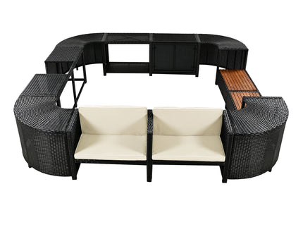 Spa Surround Spa Frame Quadrilateral Outdoor Rattan Sectional Sofa Set With Mini Sofa, Wooden Seats And Storage Spaces