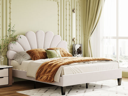 Upholstered Platform Bed With Flower Pattern Headboard